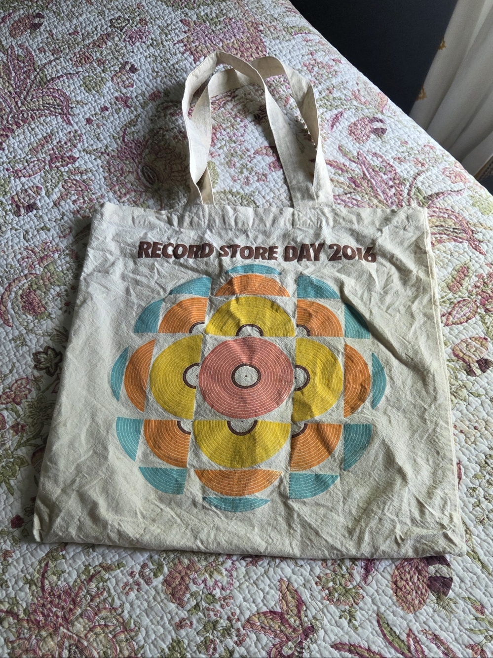 Record Store Day 2016 Cream Canvas Tote Bag with Multicolor Vinyl Print